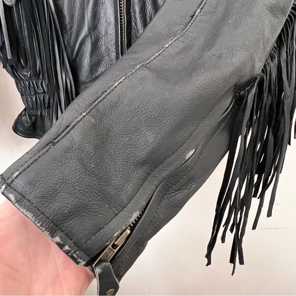 Unik Vintage Biker 80’s Fringe Leather Jacket Black Size M removable liner - Picture 6 of 13